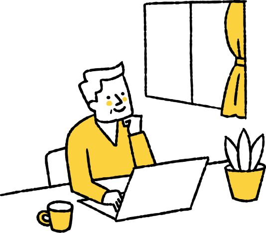 人物が机に座り、ノートパソコンを使って作業をしているイラスト。机の上にはカップがあり、背景には窓とカーテン、そして植物が描かれている