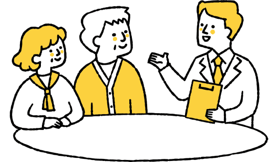 3人の人物が円形のテーブルを囲んで話している様子のイラスト。右側の二人はスーツを着てクリップボードを持って話しており、左側の二人は話を聞いている。