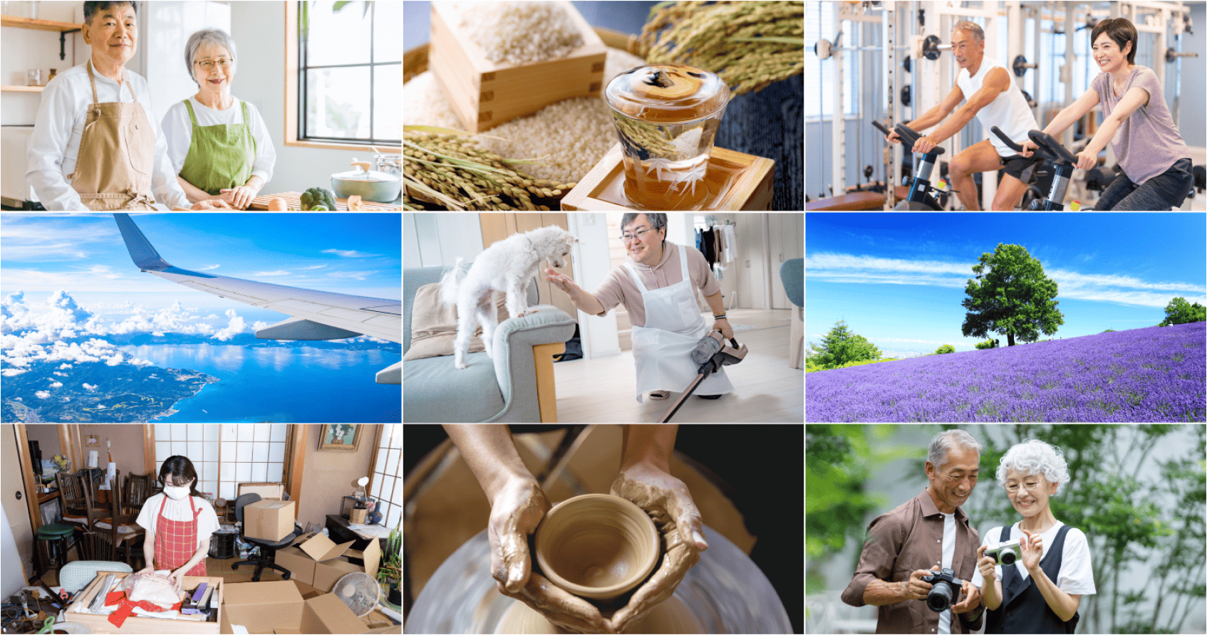 9つの異なるシーンを描いたコラージュ。キッチンで料理する2人、飲み物が並んだテーブル、ジムで運動する2人、飛行機の翼と空の景色、ソファの上の犬と掃除機を持つ人、ラベンダー畑と木の風景、部屋の中で整理整頓をする人、陶芸をする手、カメラを持つ2人。