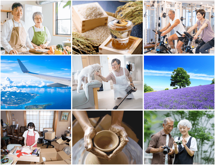 9つの異なるシーンを描いたコラージュ。キッチンで料理する2人、飲み物が並んだテーブル、ジムで運動する2人、飛行機の翼と空の景色、ソファの上の犬と掃除機を持つ人、ラベンダー畑と木の風景、部屋の中で整理整頓をする人、陶芸をする手、カメラを持つ2人。